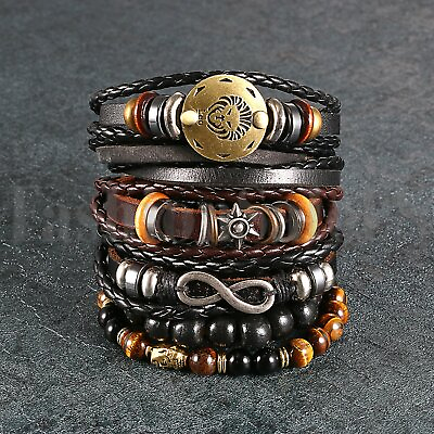 #ad 6pcs Black Brown Tribal Leather Beaded Cuff Wristband Bracelet for Men Women Set $13.99