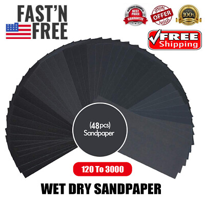 #ad 48 Pcs Sandpaper Sand Paper Sanding Sheets Assorted Grit Wet Dry Wood Car Metal $5.99