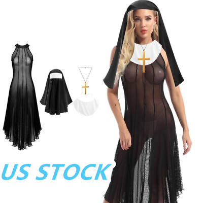 #ad US Women Sexy Nun Cosplay Costume DressHeadscarfCollarCross Necklace Outfits $6.99