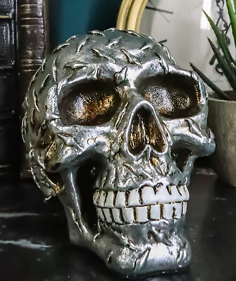 #ad Metallic Finish Diamond Plate Skull Figurine 4.5quot;L Resin Cranium Ghost Statue $21.99