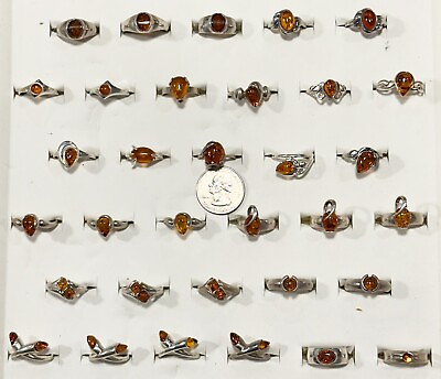 #ad 925 Solid Sterling Silver Honey Baltic Amber Good Quality Nice Rings Lot 89 g $215.99