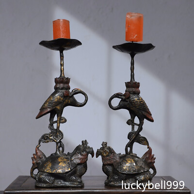 #ad 10quot; Old Tibetan Buddhism pair Bronze gilt Crane Dragon Turtle Candlestick statue $344.00