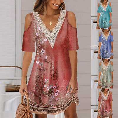 #ad Women Floral Print V Neck Midi Dress Short Sleeve V Neck Loose Dress Party Gown $13.99