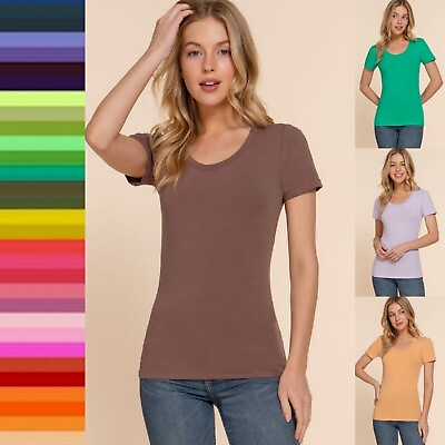 #ad Round Scoop Neck Short Sleeve Basic Top Soft Stretch Cotton Fitted T Shirt Tee $8.95