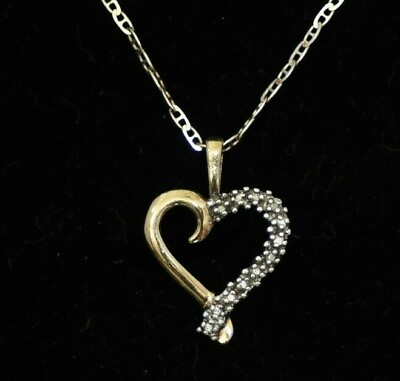 #ad SOLID STERLING SILVER MARINE NECKLACE 17 INCH HEART DIAMOND DUST PENDANT $32.20