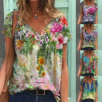 #ad Women Floral Print Casual T Shirt Ladies Crew Neck Short Sleeve Blouse Tunic Top $12.45
