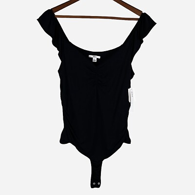 #ad Bar III Sleeveless Ruffle Ruched Thong Bodysuit Top Black Bodycon Sz L NEW *flaw $9.95