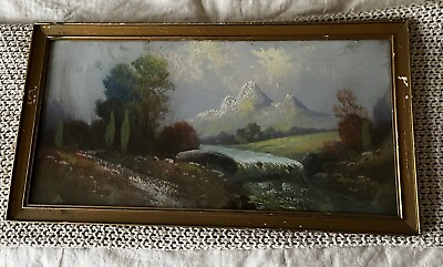 #ad Antique Gilt Framed Mountain River Scene signed Painting 18quot; x 32quot; $95.00