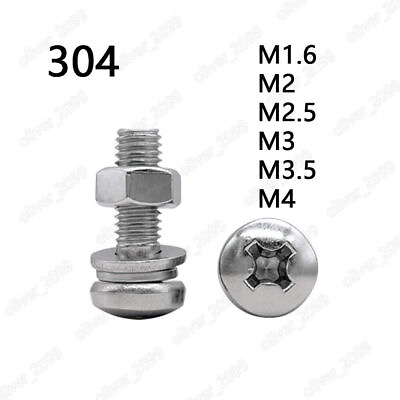 #ad 304 Stainless Steel Phillips Pan Head Screws With Hex Nuts Flat Spring Washers AU $86.95