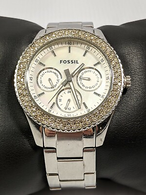 #ad Fossil Silver Tone Crystal Bezel Stainless Steel Band Watch 7 Inch $31.49