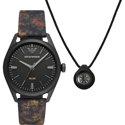 #ad Mens Solar Wristwatch Necklace EMPORIO ARMANI AR80056 Leather Black $241.49