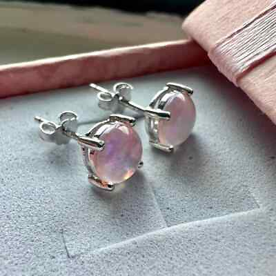 #ad Pink Fire Opal Stud Earrings Sterling Silver 925 6MM Stud Earrings for Women $13.48