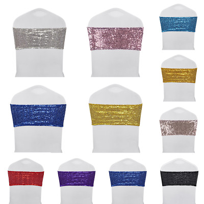 #ad 10 25 50 100pcs Spandex Sequin Chair Sashes Bow Band Cover Wedding Party Banquet $12.99