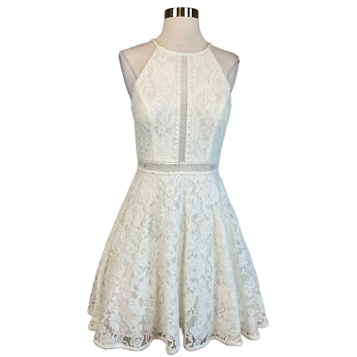 #ad Women#x27;s Cocktail Dress by AQUA Size 6 White Lace Sleeveless Fit and Flare Halter $69.99