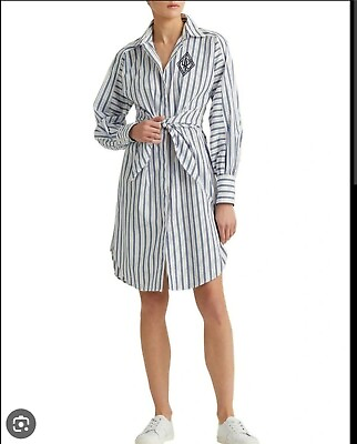 #ad NWT Lauren Ralph Lauren Striped Broadcloth Shirtdress Women#x27;s White Blue SZ 20 $99.99