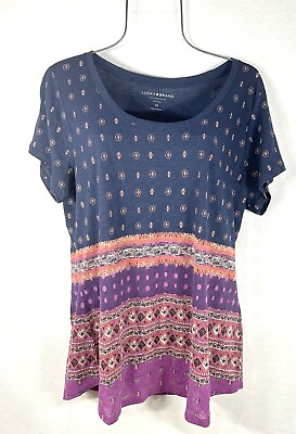 #ad Lucky Brand Women#x27;s Blouse L Blue Geo Print Top Pullover T shirt Top NWT $32.00