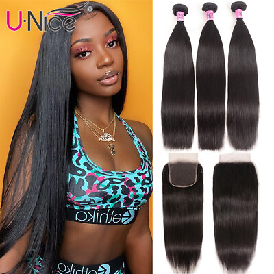 #ad Mongolian Straight Human Hair Extension Bundles With HD Transparent Lace Closure $274.86