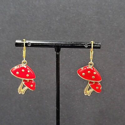 #ad Double Mushroom Pierced Earrings Gold tone Enamel Red White Polka Dot Dangle 1quot; $12.00