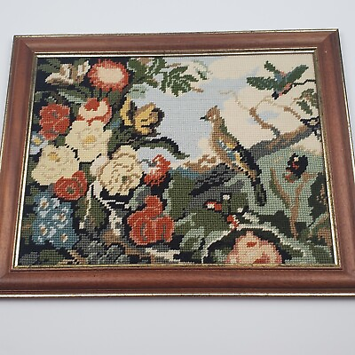 #ad Vintage NEEDLEPOINT Complete Wool Yarn and FRAME Floral Bird Cottage Core $59.99
