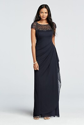 #ad 💙 XSCAPE Navy Blue Beaded Embellished Sheer Illusion Yoke Ruched Ruffle Gown 8 $74.25