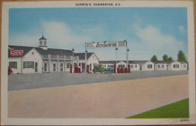 #ad Summerton SC 1940 Linen Ad Postcard: Godwin#x27;s Esso Gas Station South Carolina $7.99