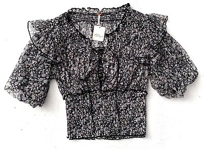 #ad Free People Top Black Combo Smocked Mesh New Beatrice Lace Up Top $14.99