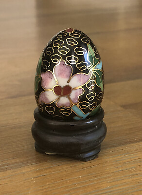 #ad Egg Cloisonné Asian Oriental Chinese Lotus Flower Mini Black Egg With Stand $6.99