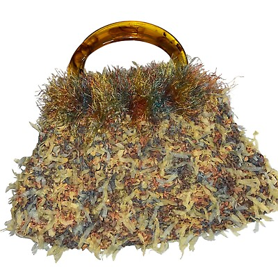 #ad Clutch Hand Bag Womens Size 10 Brown Handmade Knit Purse Fuzzy Slip Pocket $34.99