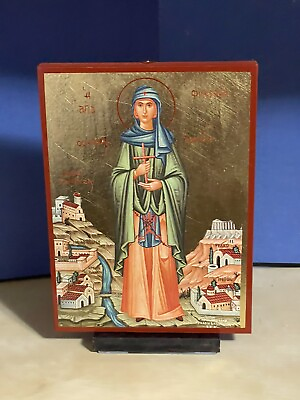 #ad Saint Philothei of Athens GREEK WOODEN ICON FLAT WITH GOLD LEAF 5x7 inch $48.00