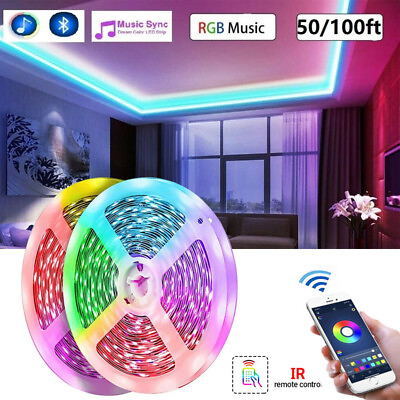 #ad 100ft 50ft LED Strip Lights 5050 RGB Bluetooth Color Change Remote for Rooms Bar $29.79