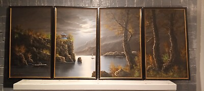 #ad Historic Four Panel Large Oil Painting Of Nakhwaam Cliff 25 x 60.5 Signed Lee $485.00