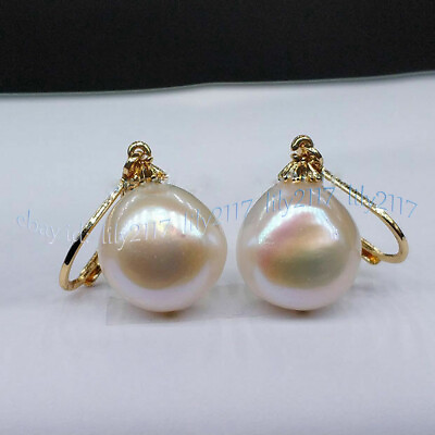 #ad Genuine Natural 12 13mm South Sea White Baroque Pearl Dangle Earrings 14k Gold $17.99