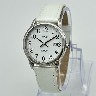 #ad Men#x27;s TIMEX Silver Tone Classic Easy Reader Day Date Indiglo Watch White Leather $29.99
