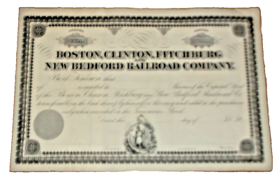 #ad 1869 BOSTON CLINTON amp; FITCHBURG UNISSUED STOCK CERTIFICATE $75.00