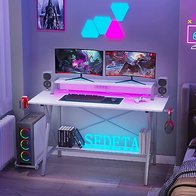 White 55quot; Gaming Table with LED Lights Gaming Desk Workstation with Stand Shelf $139.99