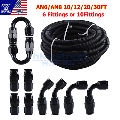 #ad 6AN 8AN Black Nylon PTFE Fuel Line 10 12 20 30FT w 6 or 10 Fittings Hose Kit E85 $34.98