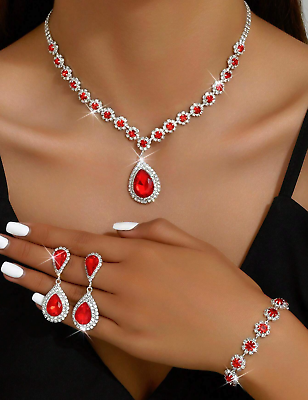 #ad Woman Necklace Earrings Bracelet Full Set Crystal Jewelry Bridal Wedding Gift $8.11