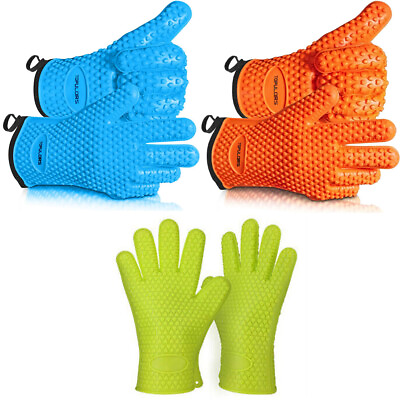 #ad Set of BBQ Smoker Max Heat Resistant Grill Gloves Silicone Oven Mitts Washable $11.99