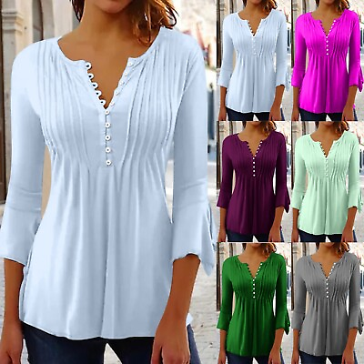 #ad 3 4 Petal Sleeve Women#x27;s Shirts Blouses Casual Top Pleat Button Solid Color Tees $14.00