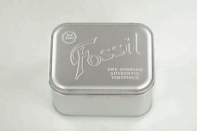 #ad Fossil Silver Tin Gift Box w Polishing Cloth Collectible Presentation Display $5.95