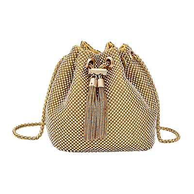 #ad Gold Crystal Studded with Tassel lock Drawstring Bucket Bag with a long Strap $73.15
