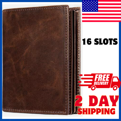 #ad Mens Leather Bifold RFID Vertical Wallet Extra Large Capacity 16 Slots ID Window $32.99