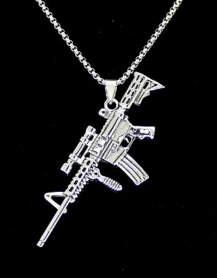 #ad AR 15 Gun Pendant 24quot; Box Stainless Steel Necklace Mens Hip Hop Jewelry $9.99