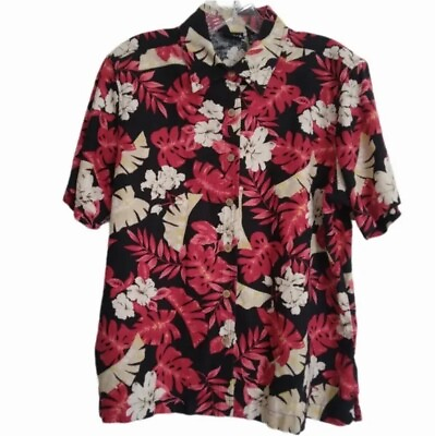 #ad Vintage Erika Size Medium Hawaiian Shirt Red Floral Tropical Linen Blend Button $12.50