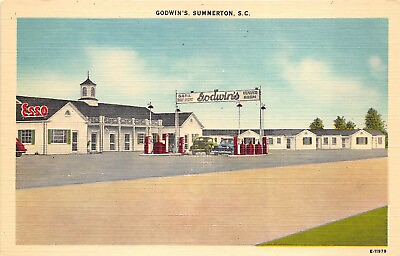 #ad Summerton South Carolina 1940s Linen Postcard Godwin#x27;s Grill Esso Gas Station $6.55