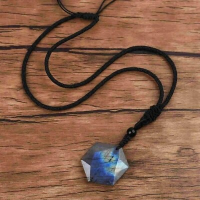 #ad Natural Labradorite Stone Hexagon Pendant Moonstone Crystal Charm Necklace $13.90