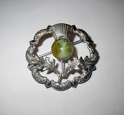 #ad WB Ward Brothers SCOTTISH GREEN AGATE STERLING SILVER THISTLE KILT BROOCH $42.25