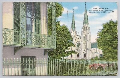 #ad St. John#x27;s Cathedral Savannah Georgia GA 1952 Postcard Church Wrought Iron Work $3.49