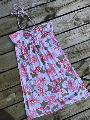 #ad Tommy Bahama Hawaiian Dress Halter Tropical Knee Length Pink Beach Vacation XS $39.50