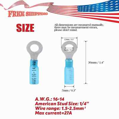 #ad 100pcs Heat Shrink Wire Connectors 16 14 AWG Insulated Crimp Ring Terminals Blue $9.20